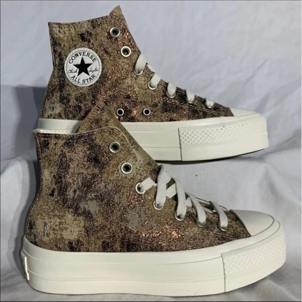 Converse‎ CTAS High Top Lift Platform Shoes in Crushed Gold and White